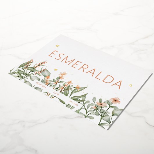 甘い桃のフローラフォイル誕生のお知らせ 箔招待状 (回転した状態)