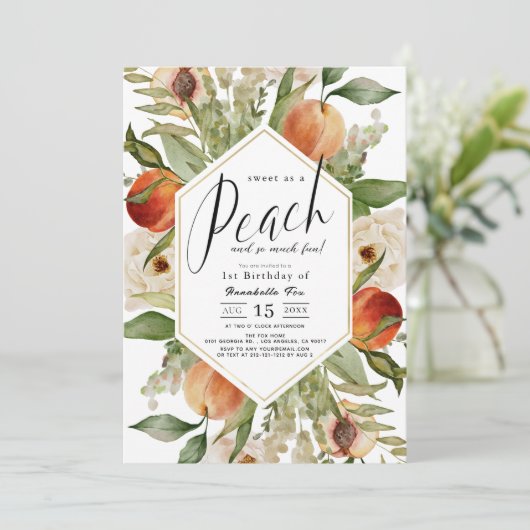 甘い桃のフローラ水色1st誕生日 招待状 (スタンド正面)