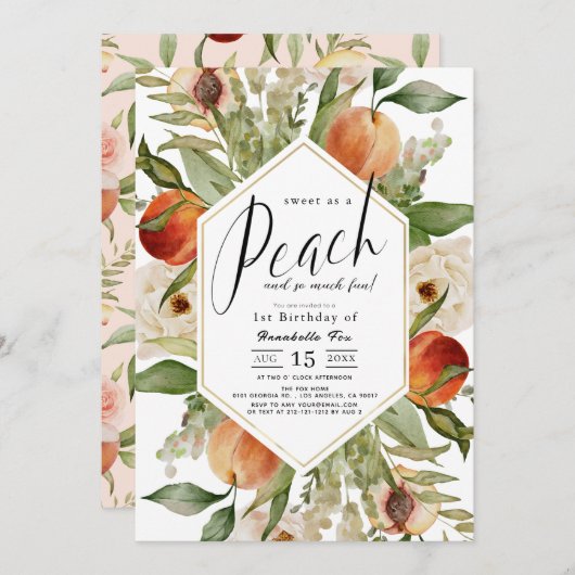 甘い桃のフローラ水色1st誕生日 招待状 (正面/裏面)