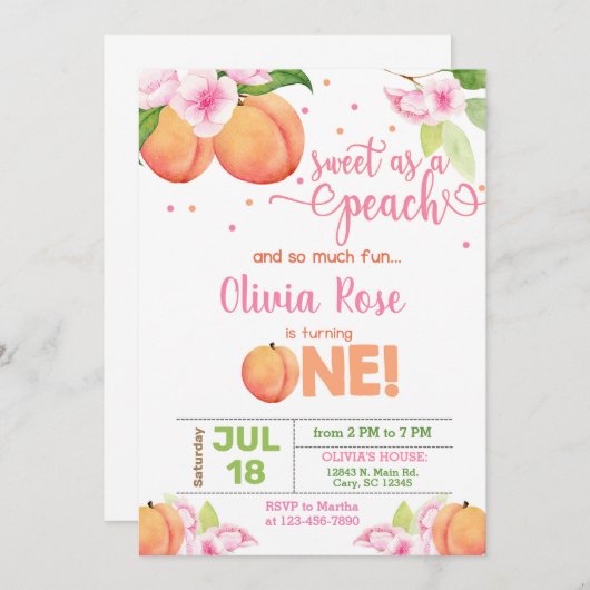 甘い桃の女の子の誕生日の招待として。 招待状 (正面/裏面)