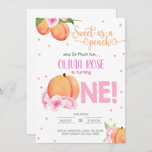 甘い桃の女の子の誕生日の招待として。 招待状 (正面/裏面)