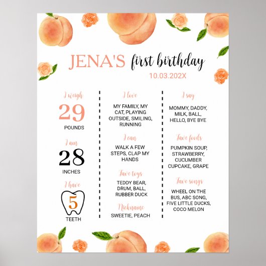 甘い桃の最初の誕生日マイルストーンサイン ポスター (正面)