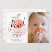 甘い桃の水色1st誕生日フォトインビタティ 招待状 (正面/裏面)