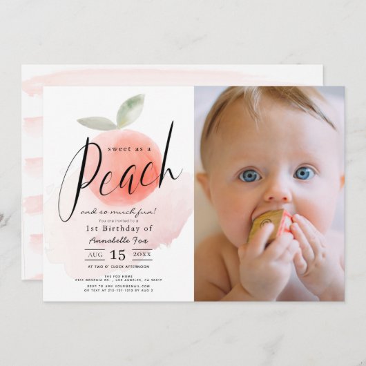 甘い桃の水色1st誕生日フォトインビタティ 招待状 (正面/裏面)