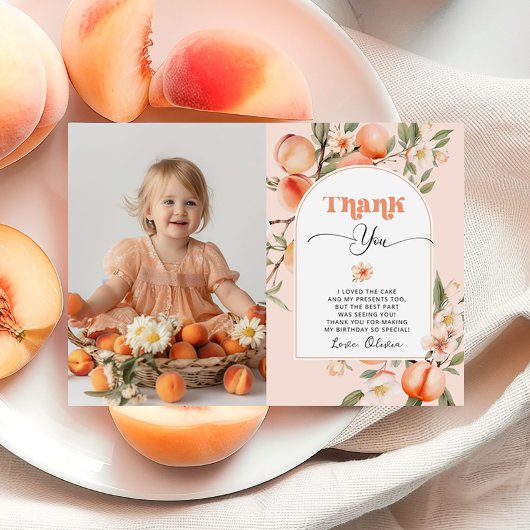 甘い桃の誕生日パーティーの写真サンキューカード 招待状