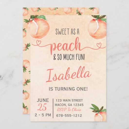 甘い桃の誕生日パーティーの招待状 招待状 (正面/裏面)