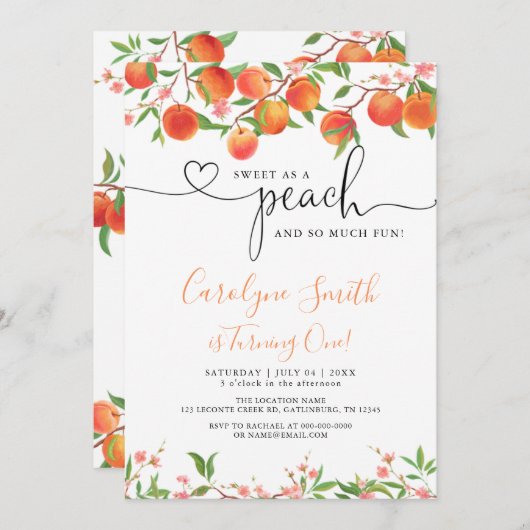 甘い桃の誕生日パーティーの招待状 招待状 (正面/裏面)