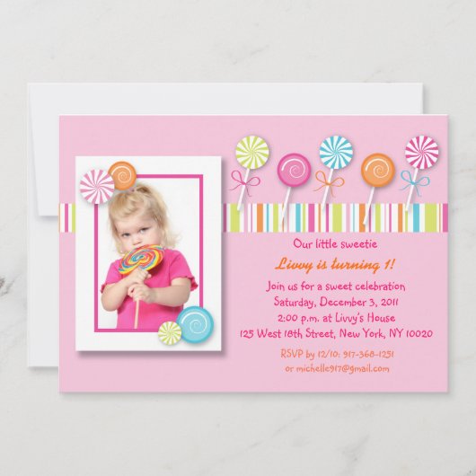 甘い棒つきキャンデーキャンデーの誕生日の招待状 招待状 (正面)