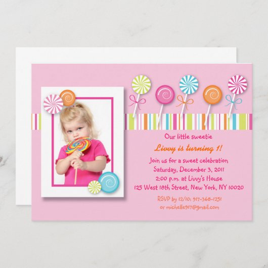 甘い棒つきキャンデーキャンデーの誕生日の招待状 招待状 (正面/裏面)