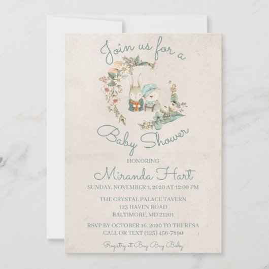 甘い水の色の動物素朴の赤ちゃんシャワー 招待状 (正面)