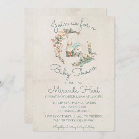 甘い水の色の動物素朴の赤ちゃんシャワー 招待状 (正面/裏面)