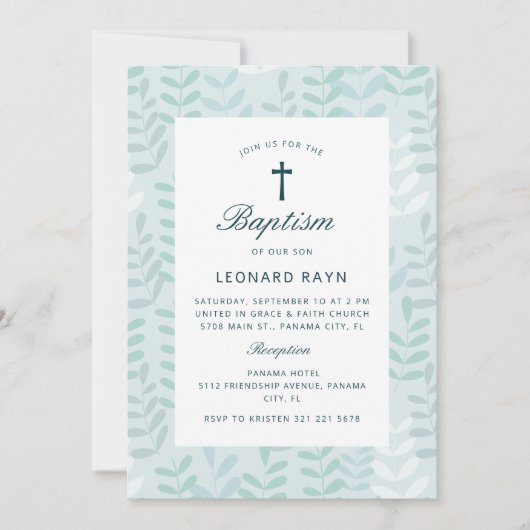 甘い水の色の手描きボーイバプテスマ 招待状 (正面)