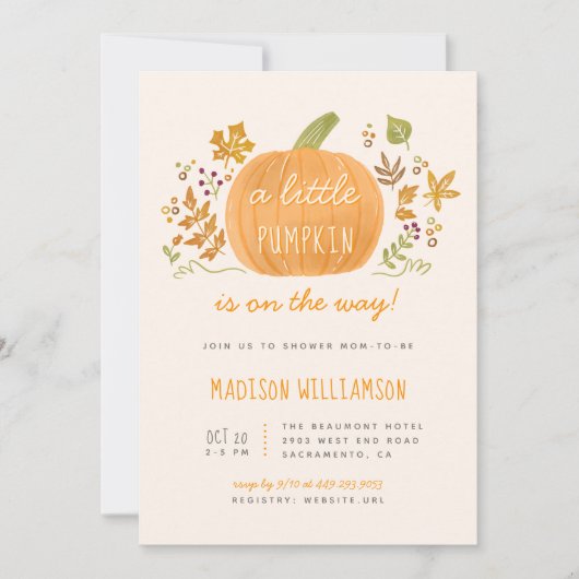 甘い水の色の秋リトルカボチャ赤ちゃんシャワー 招待状 (正面)