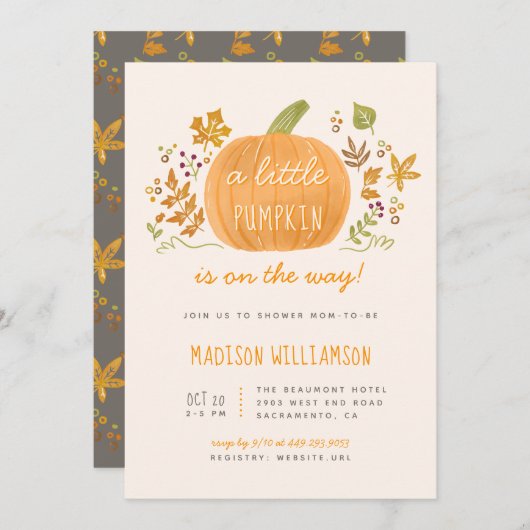 甘い水の色の秋リトルカボチャ赤ちゃんシャワー 招待状 (正面/裏面)
