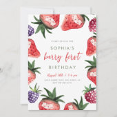 甘い水の色イチゴのベリーファースト誕生日 招待状 (正面)