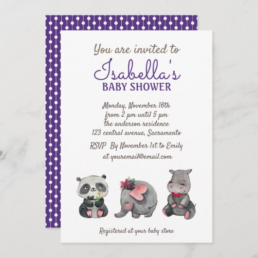 甘い水の色サファリ動物ベビーシャワー 招待状 (正面/裏面)