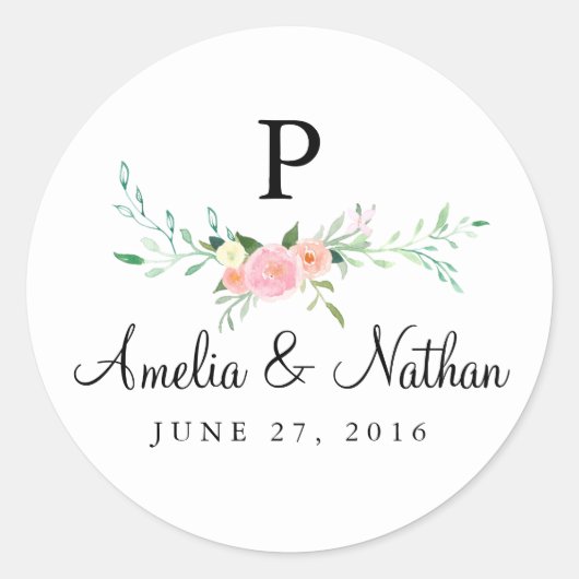 甘い水カラーフローラピンク結婚のステッカー ラウンドシール (正面)