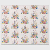 甘い水彩イースターバニーかご卵ギフト ラッピングペーパー (フラット)