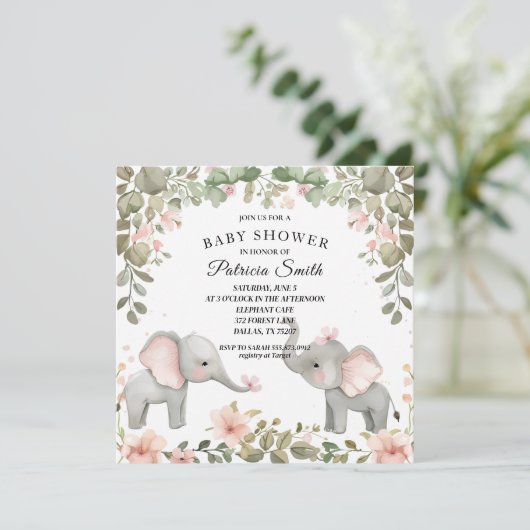 甘い水彩フローラゾウ赤ちゃんシャワー 招待状 (スタンド正面)