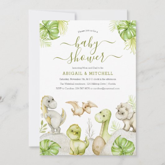 甘い水彩恐竜の赤ちゃんシャワー 招待状 (正面)