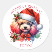 甘い水色のプードルとクリスマスの挨拶 ラウンドシール (正面)