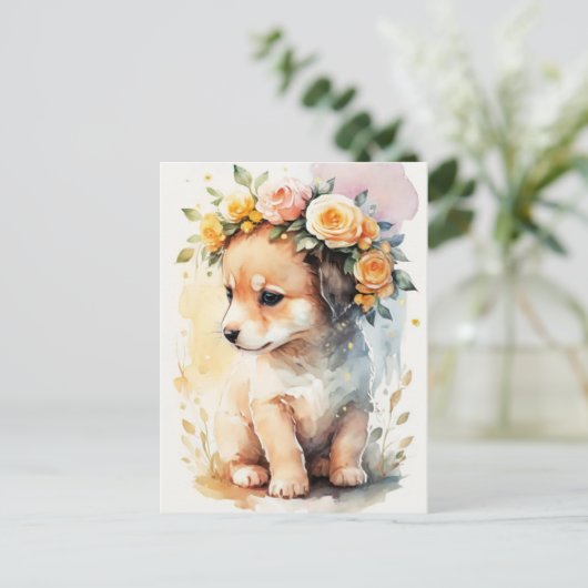甘い水色の子犬と花 ポストカード (スタンド正面)