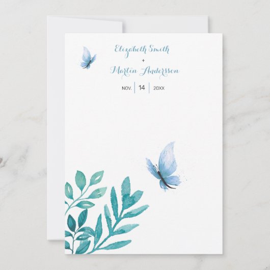 甘い水色の青い蝶のフローラ結婚ズ 招待状 (裏面)