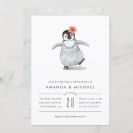 甘い水色ペンギン赤ちゃんシャワー 招待状