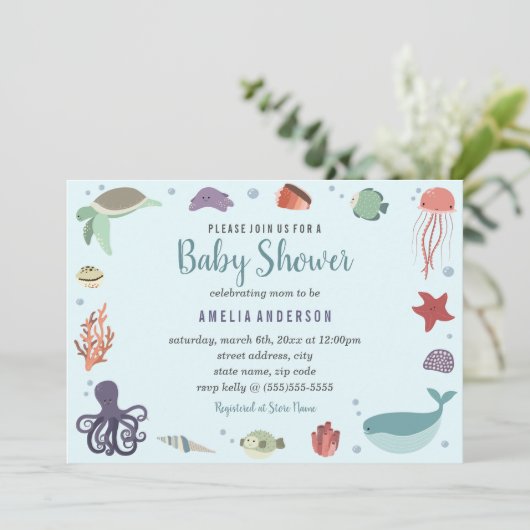 甘い海の生き物コーラルブルーベビーシャワー 招待状 (スタンド正面)