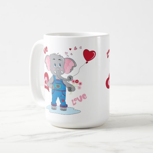 甘い漫画の象とハート15オンスのマグカップ コーヒーマグカップ (正面左)