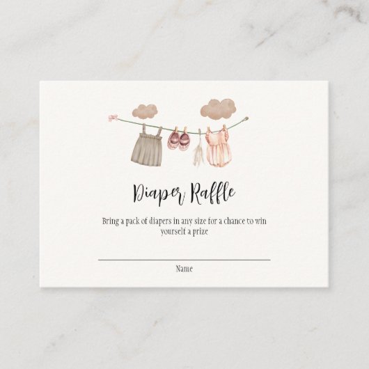 甘い物干し女の子ベビーシャワーおむつラッフル エンクロージャーカード (正面)