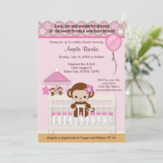 甘い猿のベビーシャワーの招待状SM-Kのピンク 招待状 (スタンド正面)