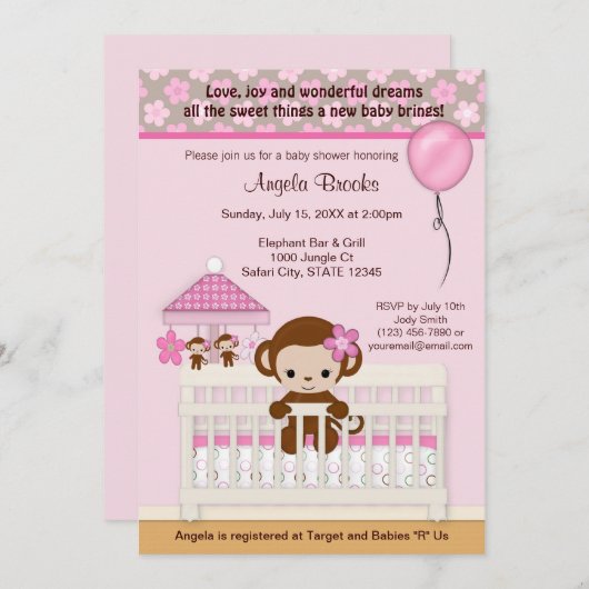 甘い猿のベビーシャワーの招待状SM-Kのピンク 招待状 (正面/裏面)