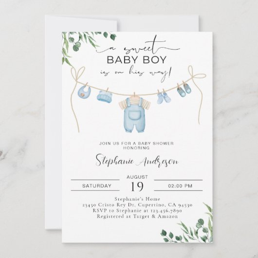 甘い男の赤ちゃんが彼の道を行くランドリーブルー 招待状 (正面)