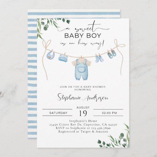 甘い男の赤ちゃんが彼の道を行くランドリーブルー 招待状 (正面/裏面)