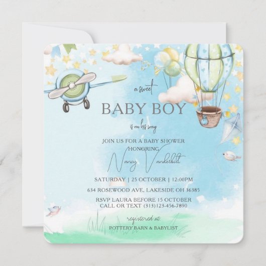 甘い男の赤ちゃんが赤ちゃんシャワーを浴びている 招待状 (正面)