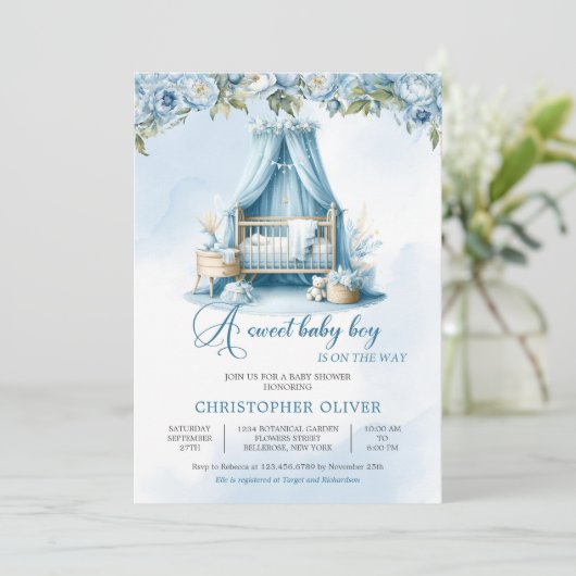 甘い男の赤ちゃんが途中のベビーのcribフローラ 招待状 (スタンド正面)