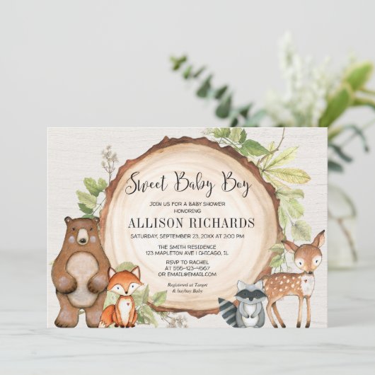 甘い男の赤ちゃんの森の友人ウッドランドの赤ちゃんシャワー 招待状 (スタンド正面)