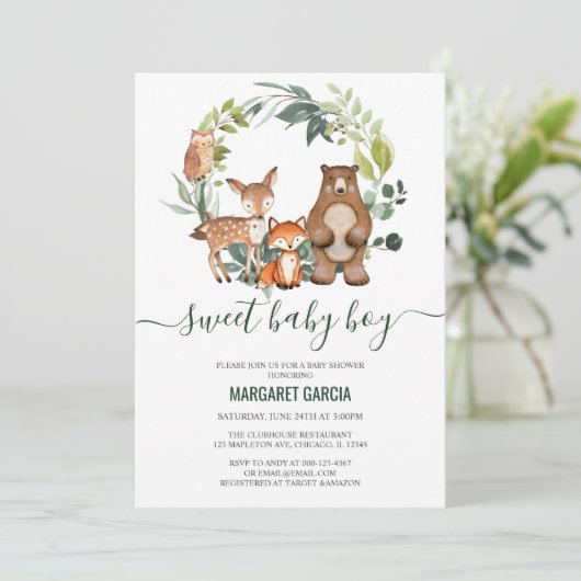 甘い男の赤ちゃんの森林動物のベビーシャワー 招待状 (スタンド正面)