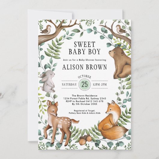 甘い男の赤ちゃんウッドランドフォレストアニマルズシャワー 招待状 (正面)