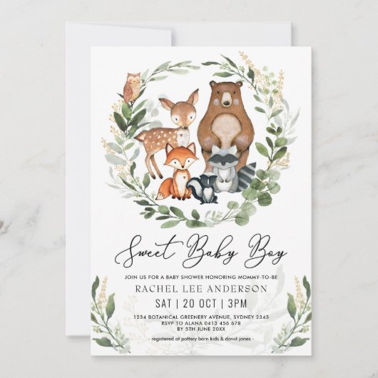 甘い男の赤ちゃんウッドランド緑の動物のシャワー 招待状 (正面)