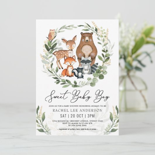 甘い男の赤ちゃんウッドランド緑の動物のシャワー 招待状 (スタンド正面)
