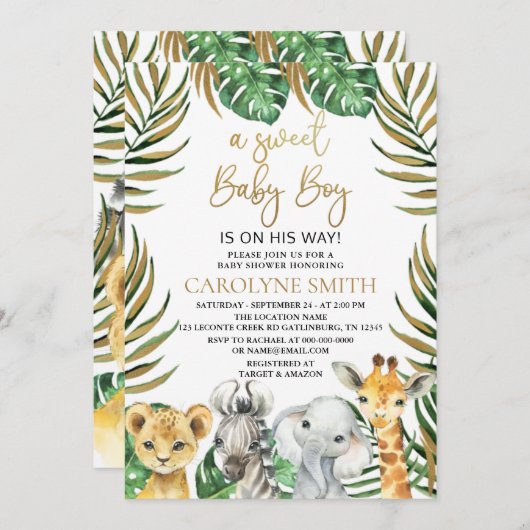 甘い男の赤ちゃんサファリジャングル動物ベビーシャワー 招待状 (正面/裏面)