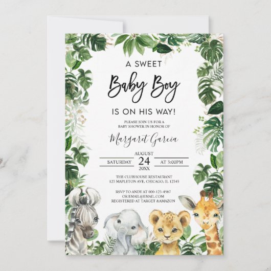 甘い男の赤ちゃんジャングルサファリ動物の赤ちゃんシャワー 招待状 (正面)