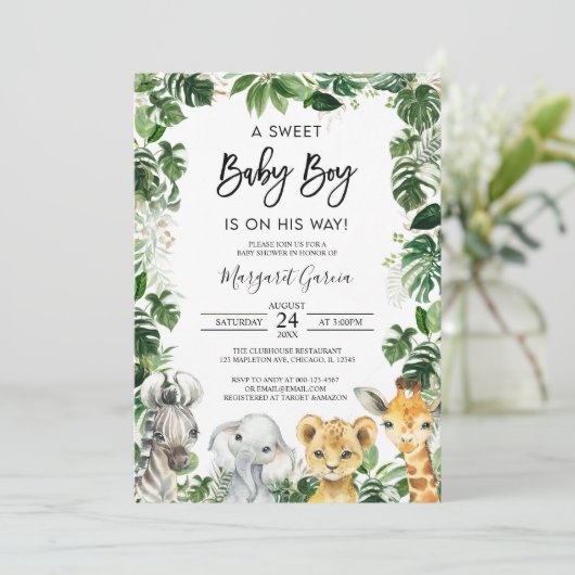 甘い男の赤ちゃんジャングルサファリ動物の赤ちゃんシャワー 招待状 (スタンド正面)