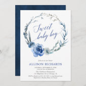 甘い男の赤ちゃんネイビー青フローラ水カラーリース 招待状 (正面/裏面)