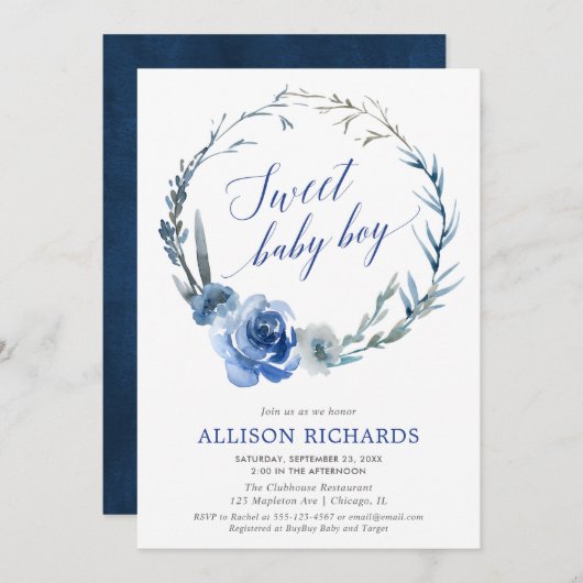 甘い男の赤ちゃんネイビー青フローラ水カラーリース 招待状 (正面/裏面)