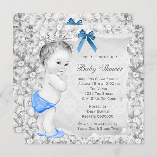 甘い男の赤ちゃんブルーとグレーベビーシャワー 招待状 (正面/裏面)