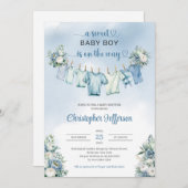 甘い男の赤ちゃんブルー物干しベビーシャワー 招待状 (正面/裏面)