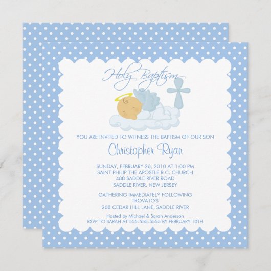 甘い男の赤ちゃん及び十字の神聖な洗礼Inviation 招待状 (正面/裏面)